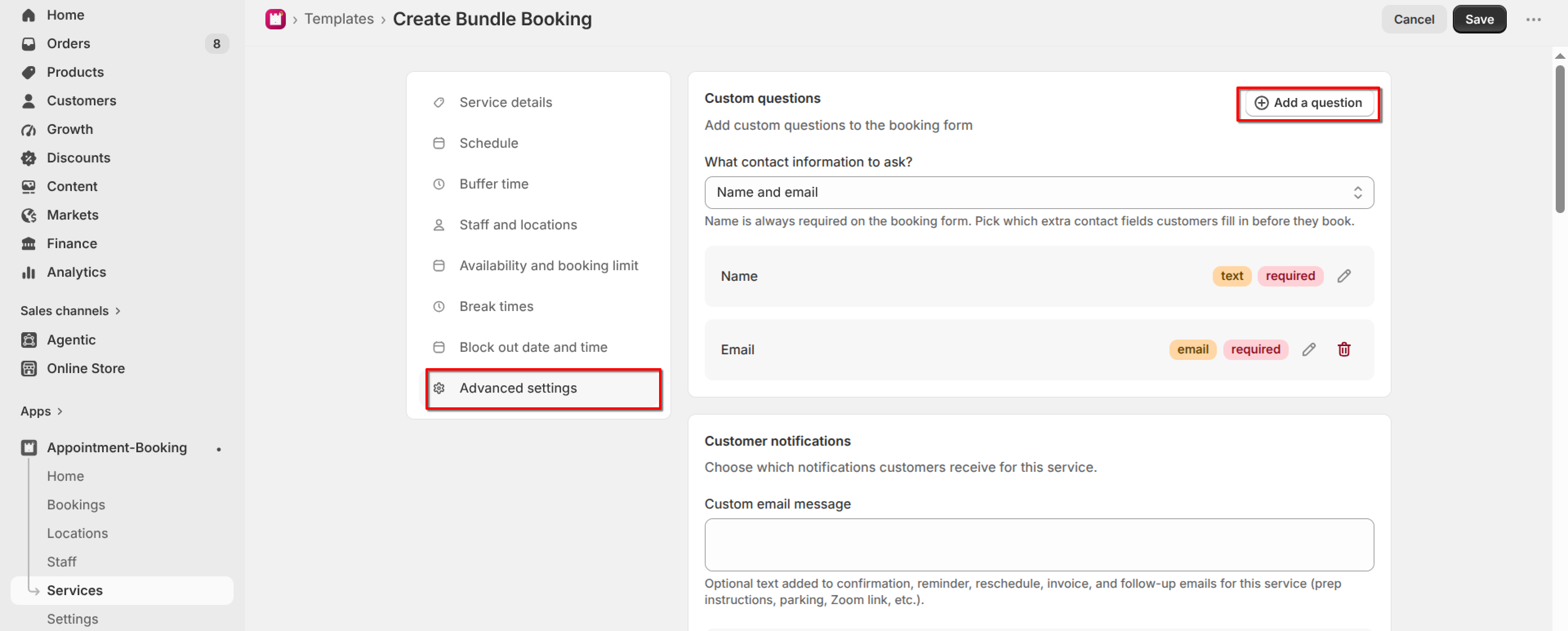 Advanced settings tab showing the Custom questions list with Name and Email fields, and the "Add a question" button highlighted